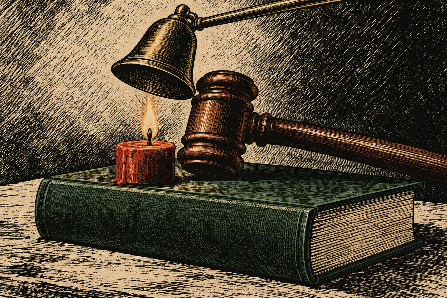 A vintage engraved illustration shows a wooden gavel and burning red candle resting on a large green book beneath a brass bell.