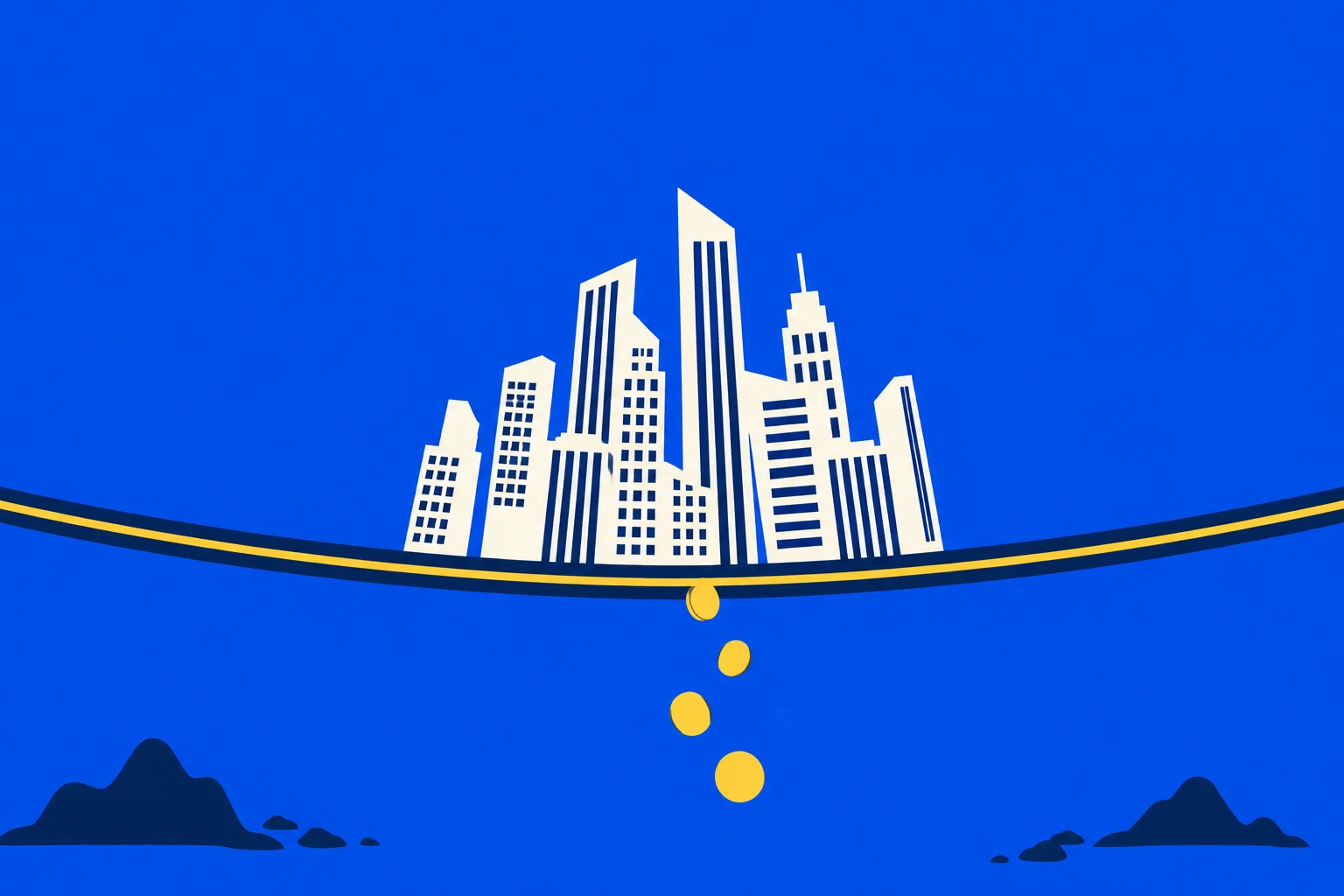 A cream city skyline balances on a curved navy and yellow line against a blue background, with four gold coins falling toward dark rocks below.