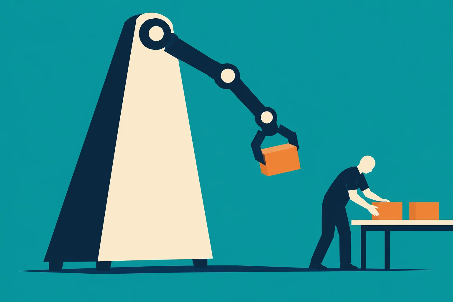 A large robotic arm holds an orange box beside a worker arranging orange boxes on a table against a teal background.