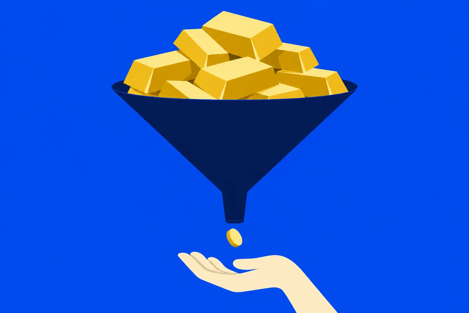 Gold bars fill a dark blue funnel, which releases a single gold coin into an outstretched hand against a bright blue background.