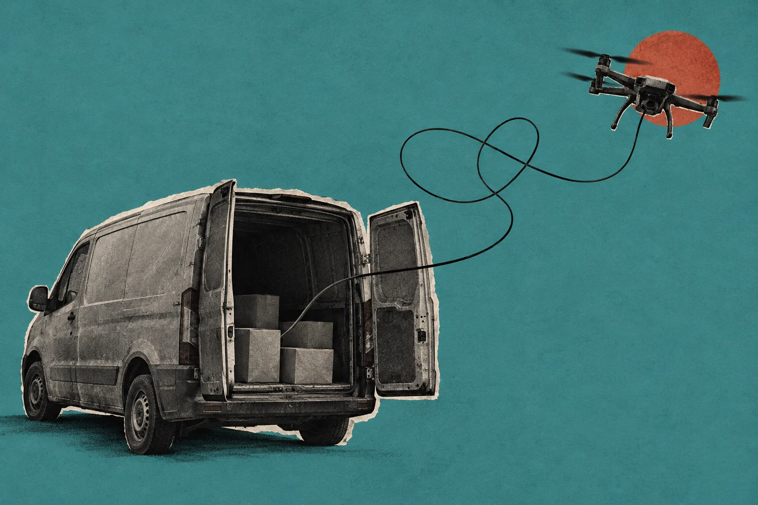 A collage shows an open delivery van carrying boxes, with a looping black cord leading to a flying drone against a textured teal background and orange circle.