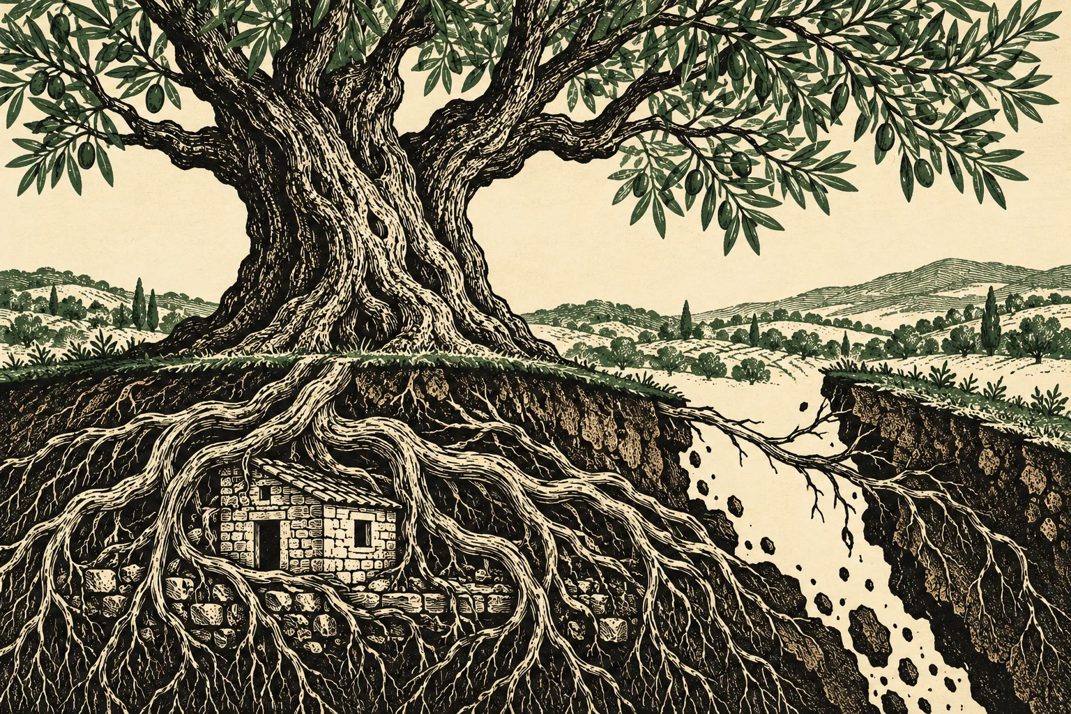 An illustrated olive tree spreads thick roots around a buried stone house, with roots bridging a deep crack in the earth and rolling hills beyond.