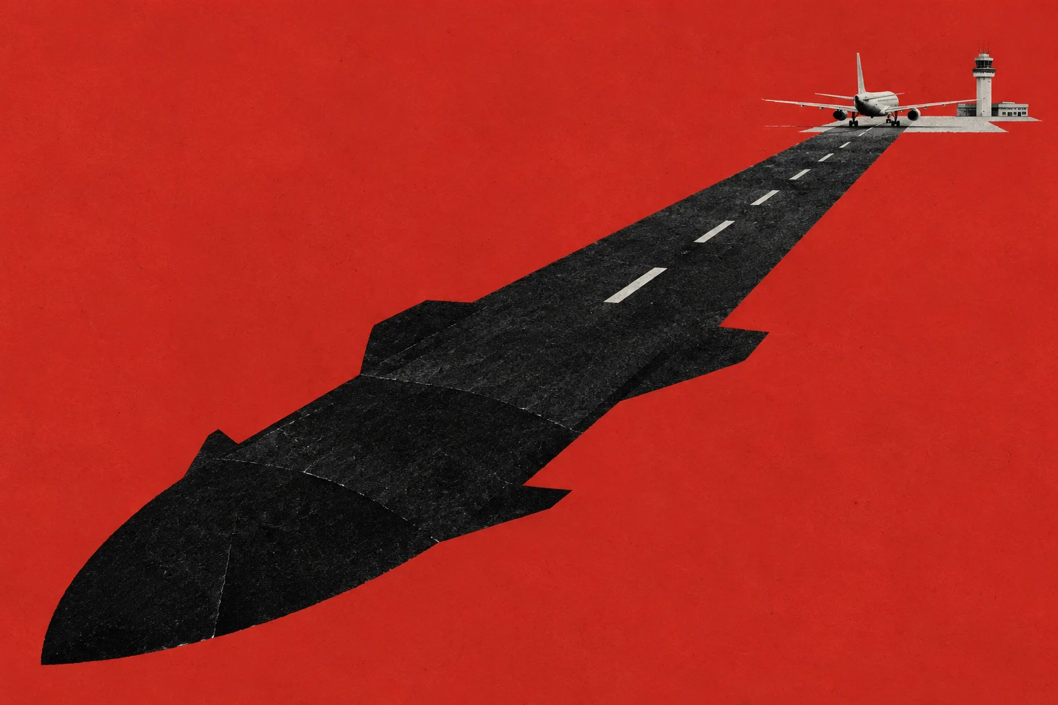 A runway shaped like a large black missile stretches across a red background toward a passenger airplane and an airport control tower.