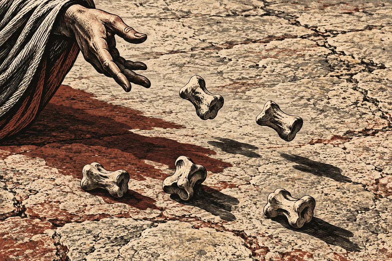 A robed person's hand tosses small knucklebones onto cracked stone ground, illustrated with dark etched lines in beige, black, and rust tones.