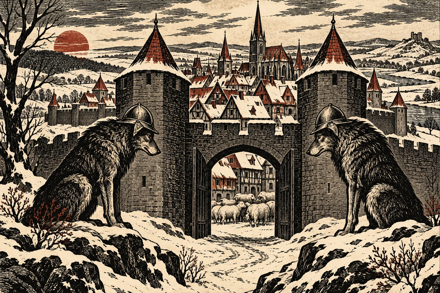 Two helmeted wolves guard a snowy medieval town gate, with sheep inside, church spires above, and a red sun near the horizon.