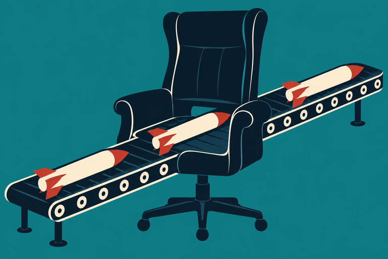 Three cream and red rockets ride a conveyor belt passing through a dark office chair against a teal background.