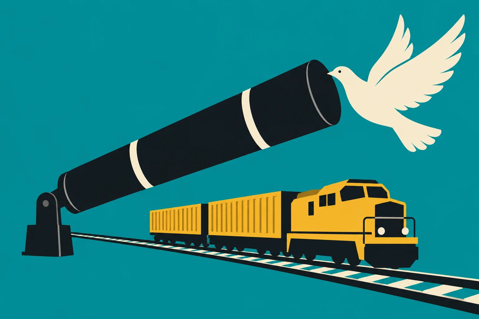 A cream dove flies from a large black telescope above a yellow freight train on tracks against a teal background.