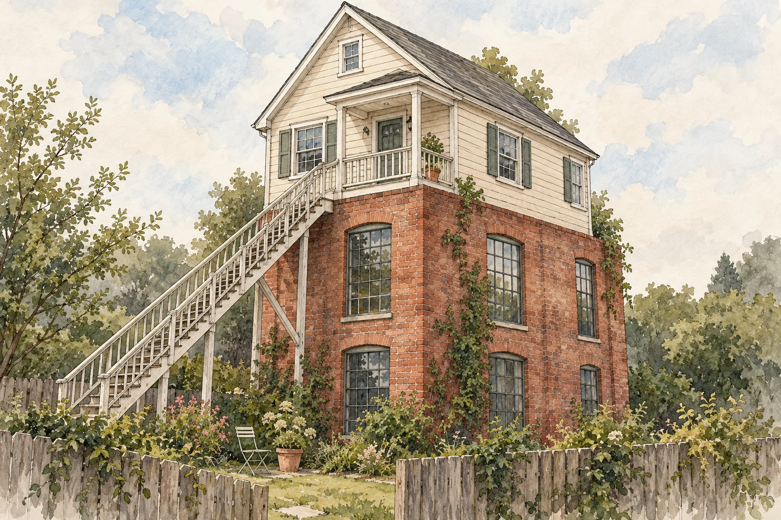 A watercolor illustration shows a narrow three-story house with brick lower floors, cream siding, an exterior staircase, and a lush garden behind a wooden fence.