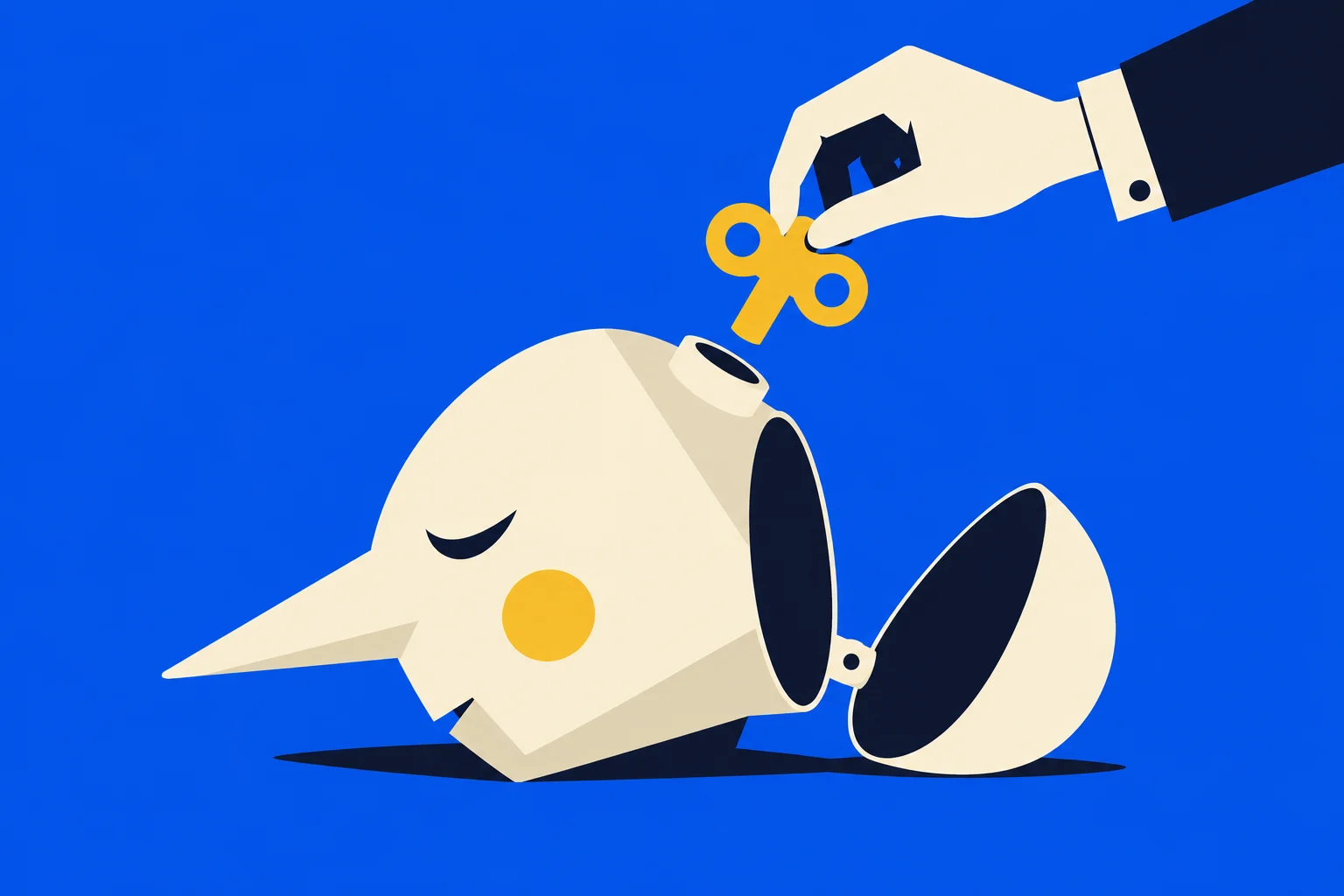 A suited hand holds a yellow windup key above an open, cream-colored mechanical head with a long pointed nose against a blue background.