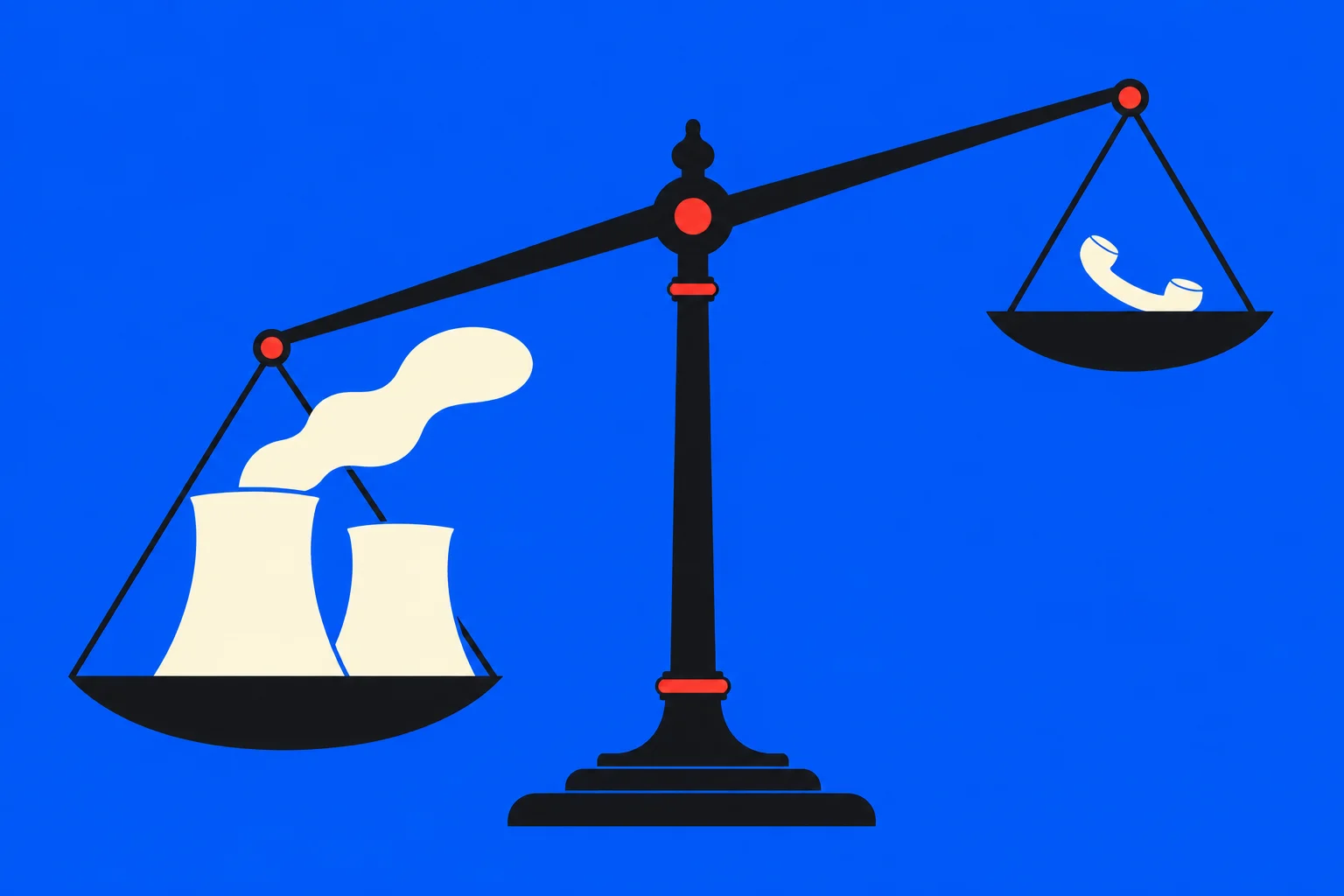 A tilted balance scale on a blue background weighs two smoking cooling towers against a telephone handset, with the towers hanging lower.