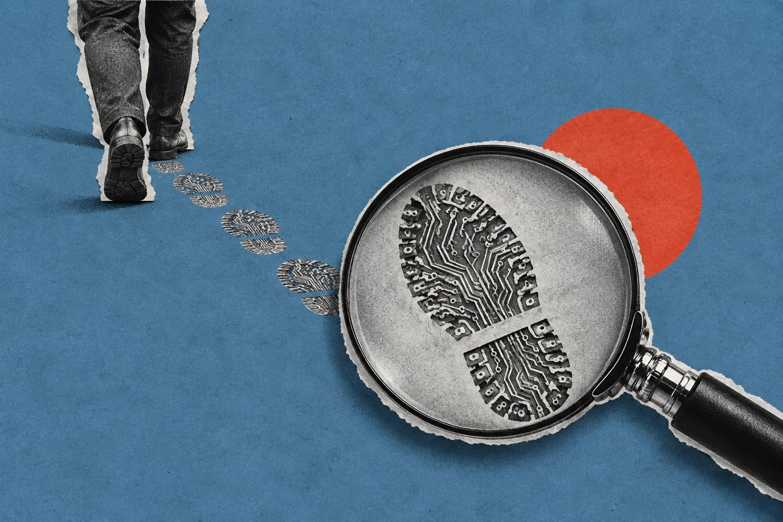 A magnifying glass reveals circuit patterns in a shoeprint, with footprints leading toward a walking person on a textured blue background with an orange circle.
