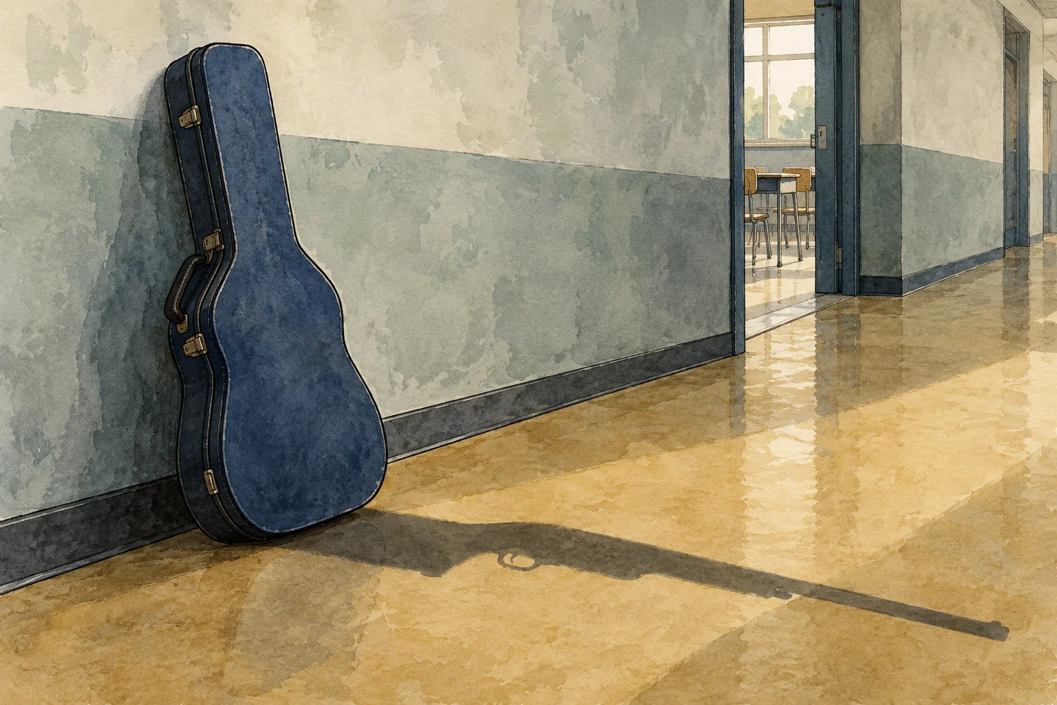A blue guitar case leans against a school hallway wall, casting a rifle-shaped shadow across the sunlit floor near an open classroom door.