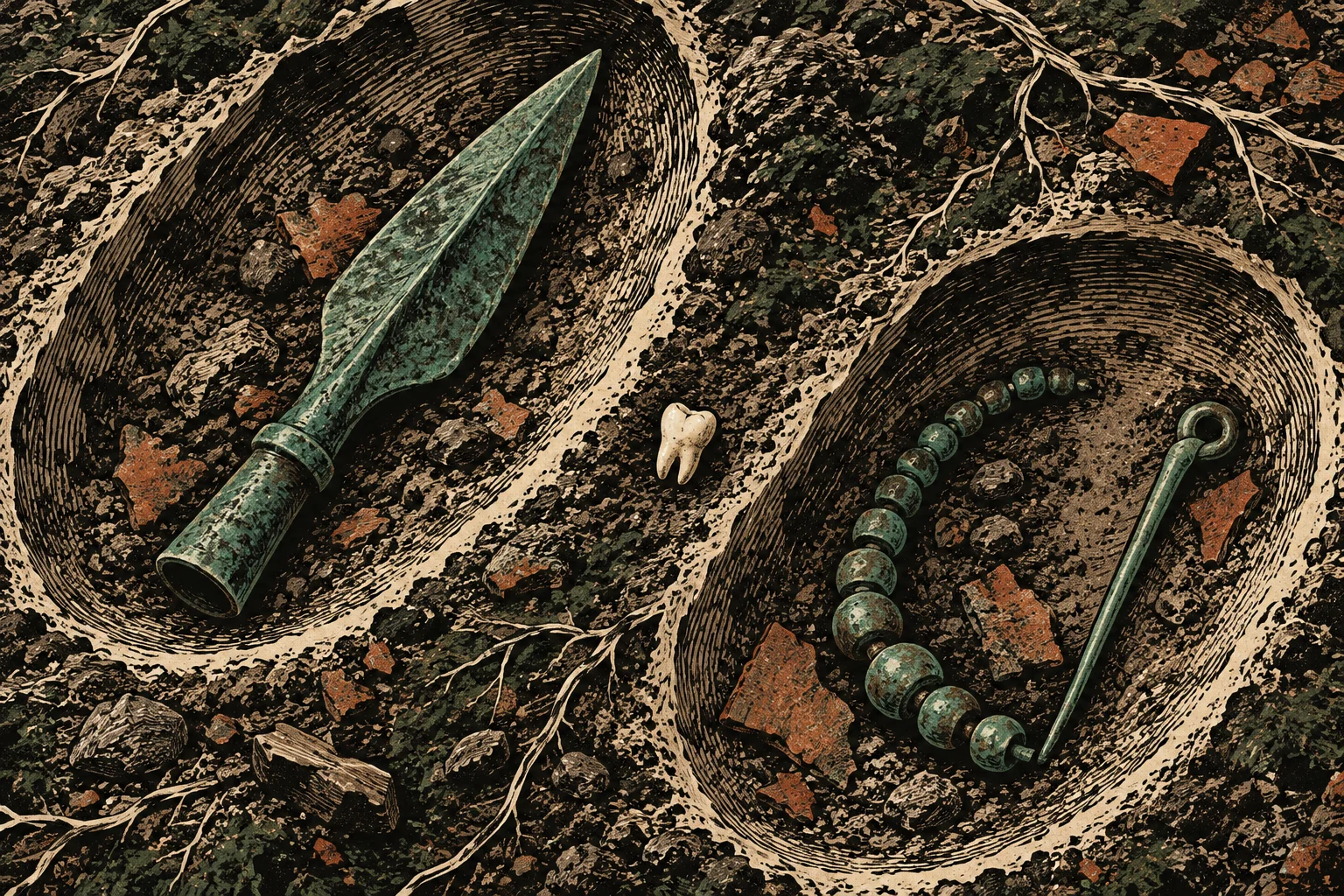 A weathered green metal spearhead and curved beaded pin lie in two oval depressions in rocky soil, with a tooth between them.