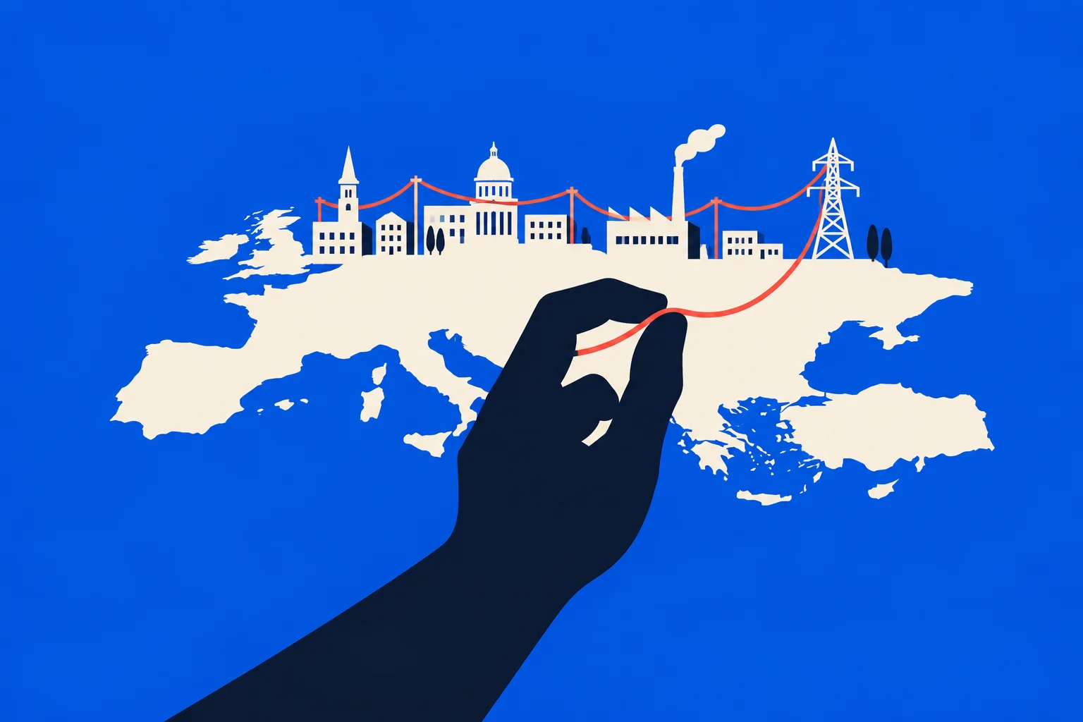 A dark hand holds a red power cable across a cream map of Europe, with buildings, a factory, and an electricity pylon against a blue background.