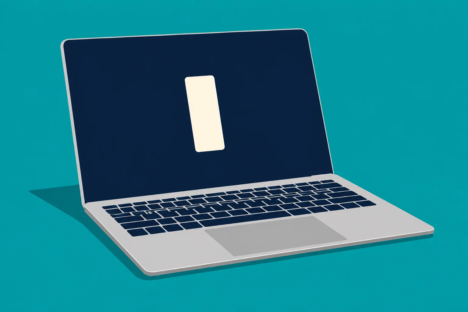 A silver laptop with a dark blue screen displaying a cream vertical rectangle sits against a teal background.