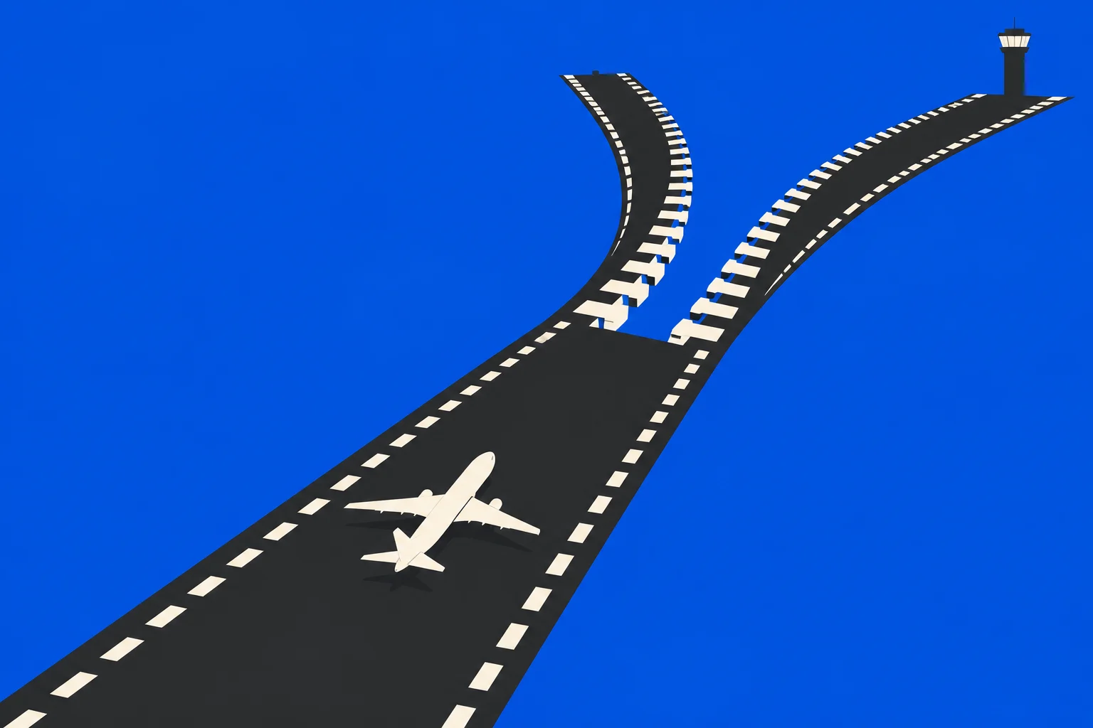 A white airplane sits on a black runway that splits into two curving paths, with a control tower at the right end against a blue background.