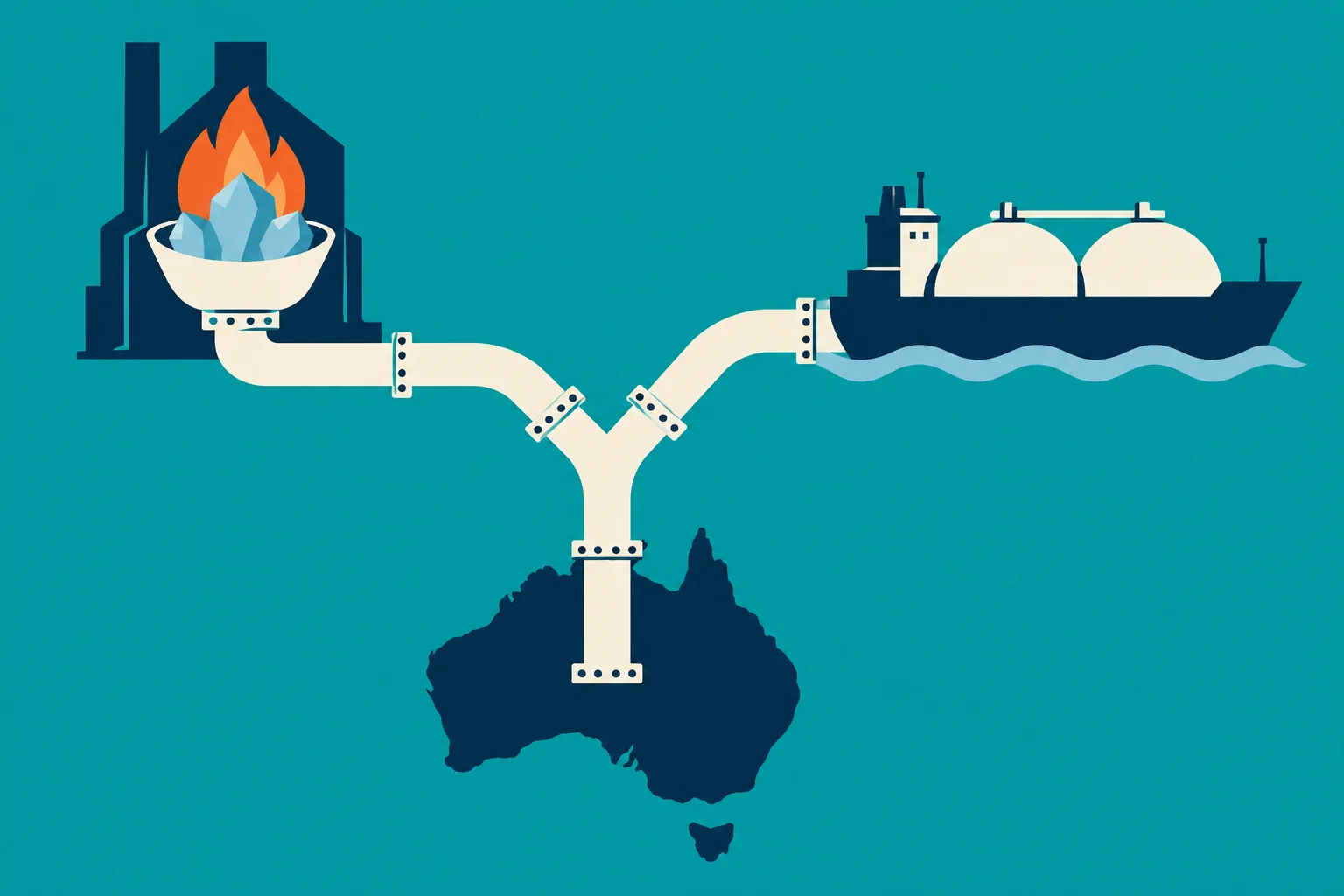 A pipeline branches from Australia to an industrial furnace with blue rocks and flames on the left and a tanker ship on the right.