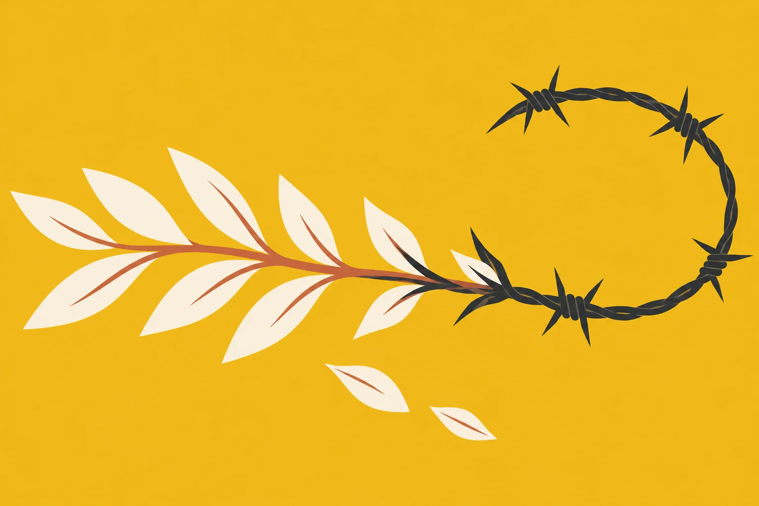 A cream leafy branch with two falling leaves merges into a dark barbed wire loop against a golden yellow background.