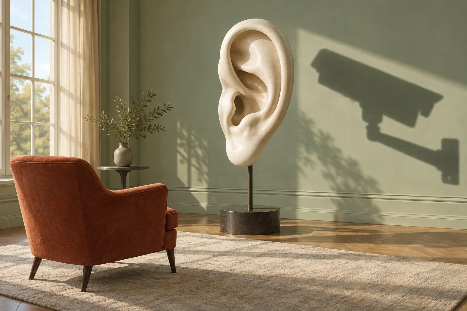 A giant ceramic ear sculpture stands in a sunlit living room beside a rust-colored armchair, casting a surveillance camera-shaped shadow on the green wall.