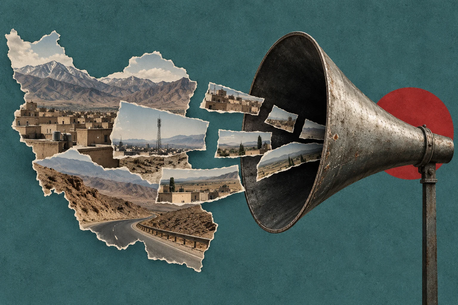 A weathered megaphone projects torn photographic fragments of Iranian mountains, buildings, farmland, and a winding road against a textured teal background with a red circle.