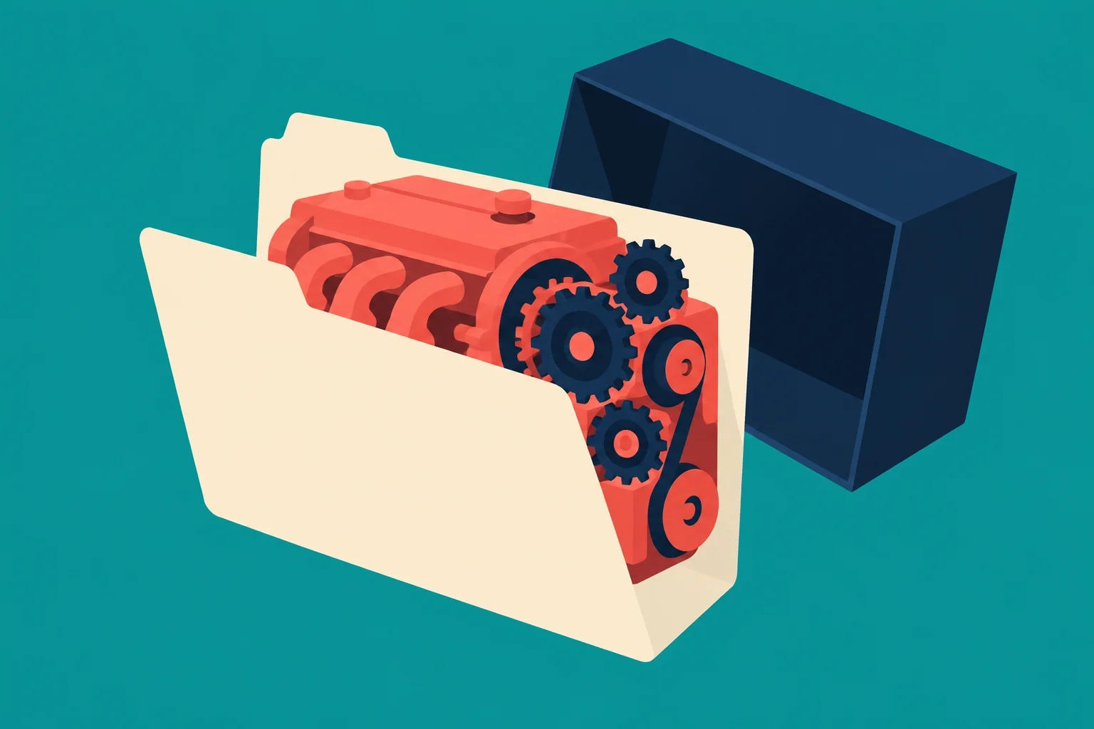 A cream folder holds a red engine with navy gears and belts, with a dark blue open box behind it against a teal background.
