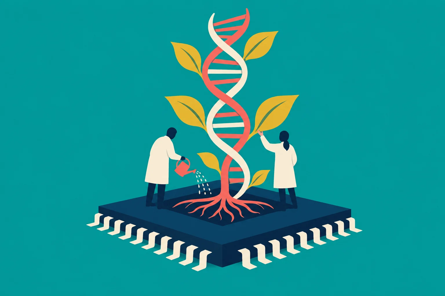 Two scientists tend a leafy DNA double helix rooted in a microchip, with one watering it and the other reaching toward a leaf.