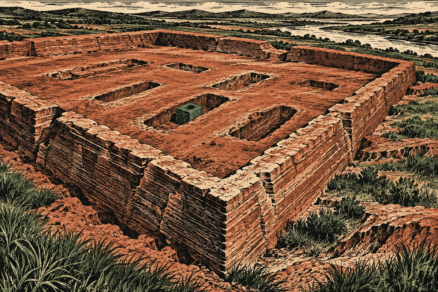 A woodcut-style illustration shows an ancient brick foundation with rectangular pits, one containing an air conditioning unit, amid grasslands near a river and hills.