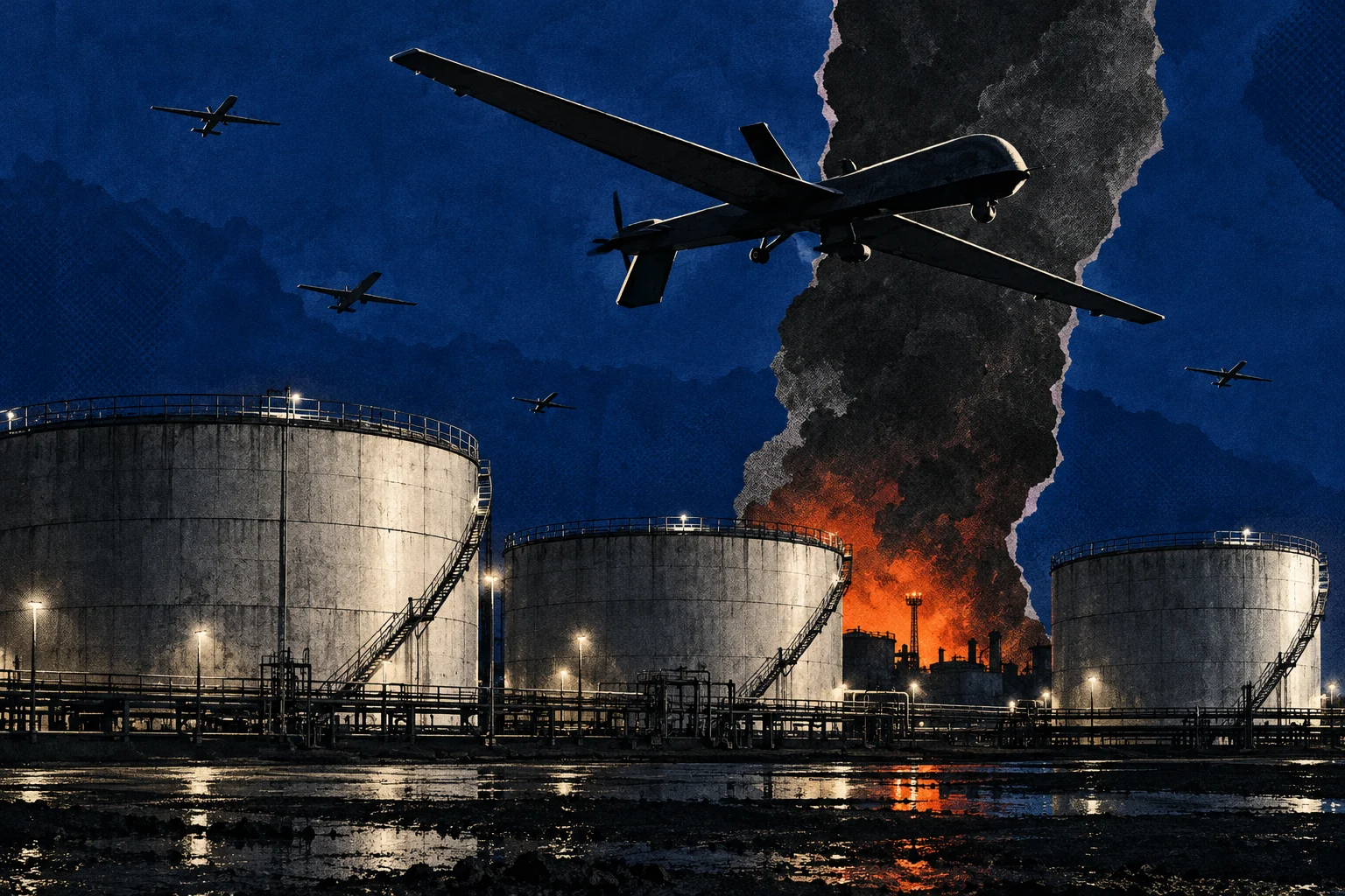 Military drones fly above oil storage tanks at night, with orange flames and a towering column of black smoke rising behind the industrial facility.