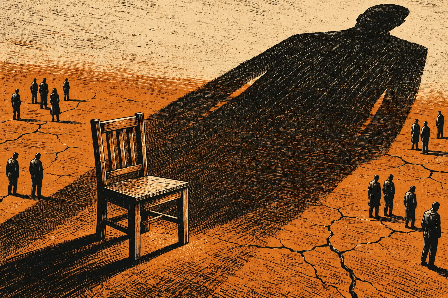 An empty wooden chair on cracked orange ground casts a giant human-shaped shadow, while small, isolated figures stand scattered around it.