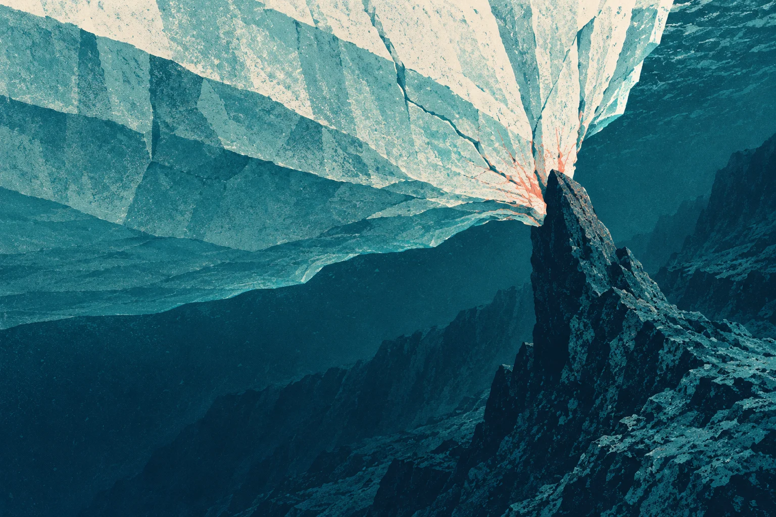A textured illustration shows jagged dark teal mountain peaks beneath sweeping pale turquoise and cream bands, with coral streaks converging behind a prominent rocky spire.