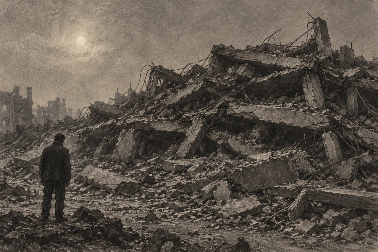 A lone person stands amid enormous piles of shattered concrete and twisted metal, with ruined buildings and a dim sun in the hazy background.