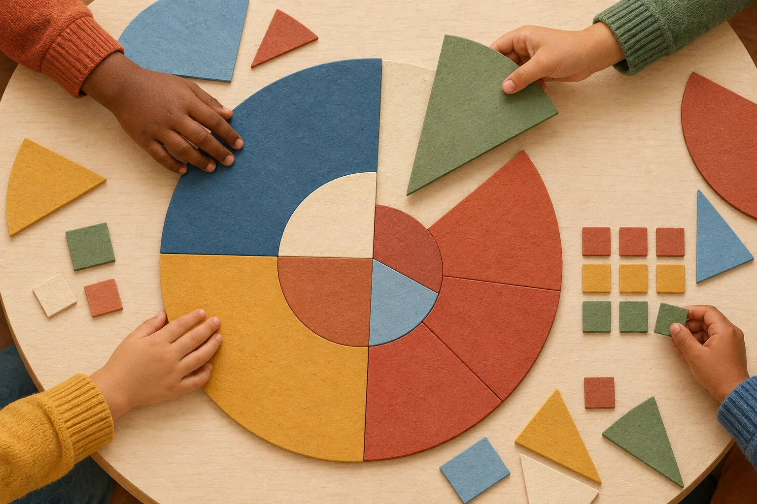 Four people's hands arrange colorful geometric pieces into a circular puzzle on a beige table, with loose triangles and squares scattered around.