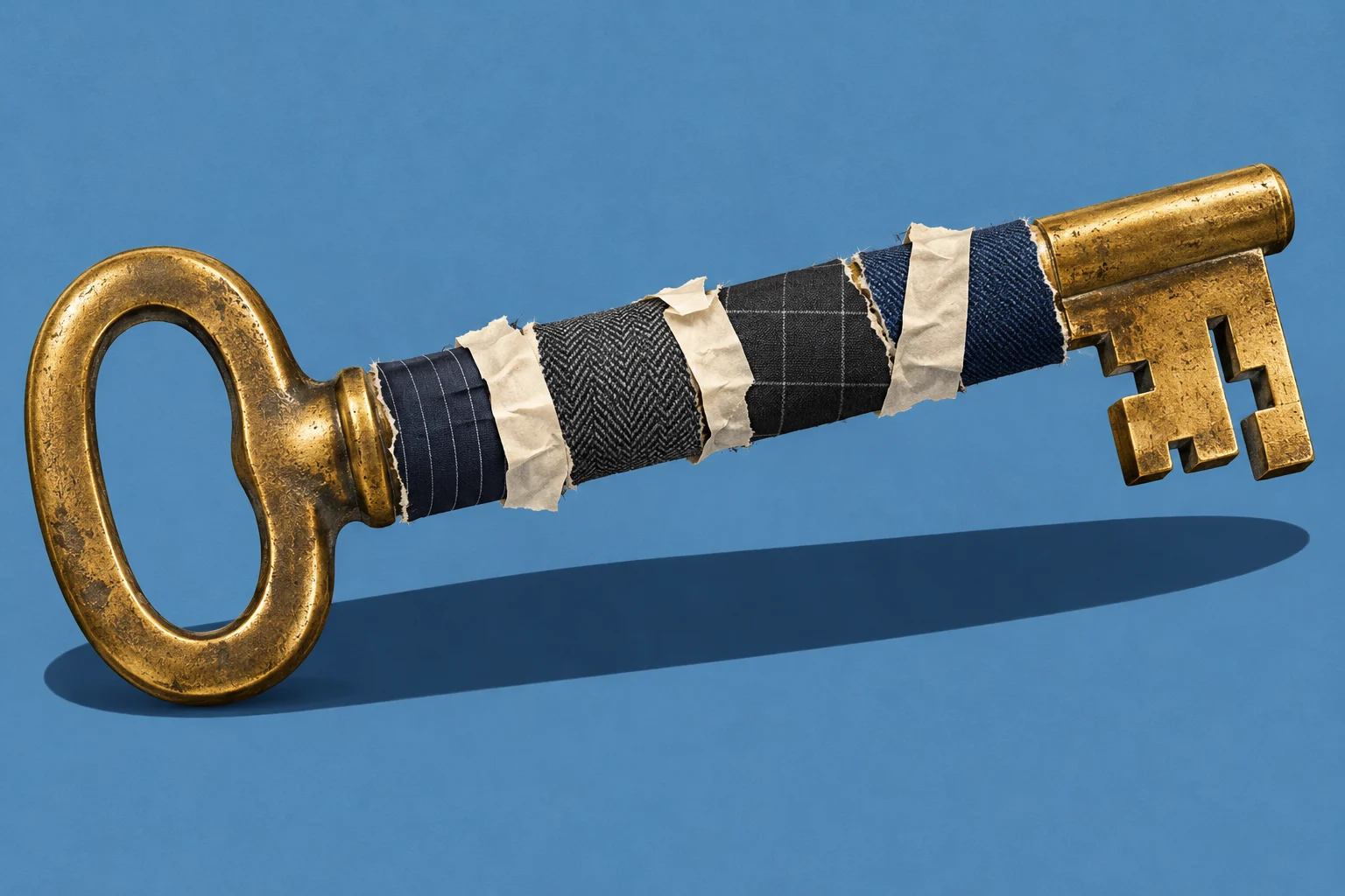 A large antique brass key wrapped in dark patterned fabric and cream tape casts a long shadow on a blue background.