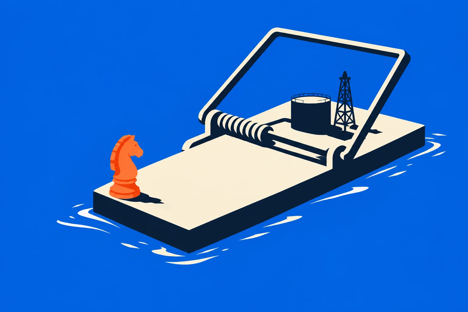 An orange chess knight stands on a floating mousetrap facing an oil tank and derrick, against a bright blue background.