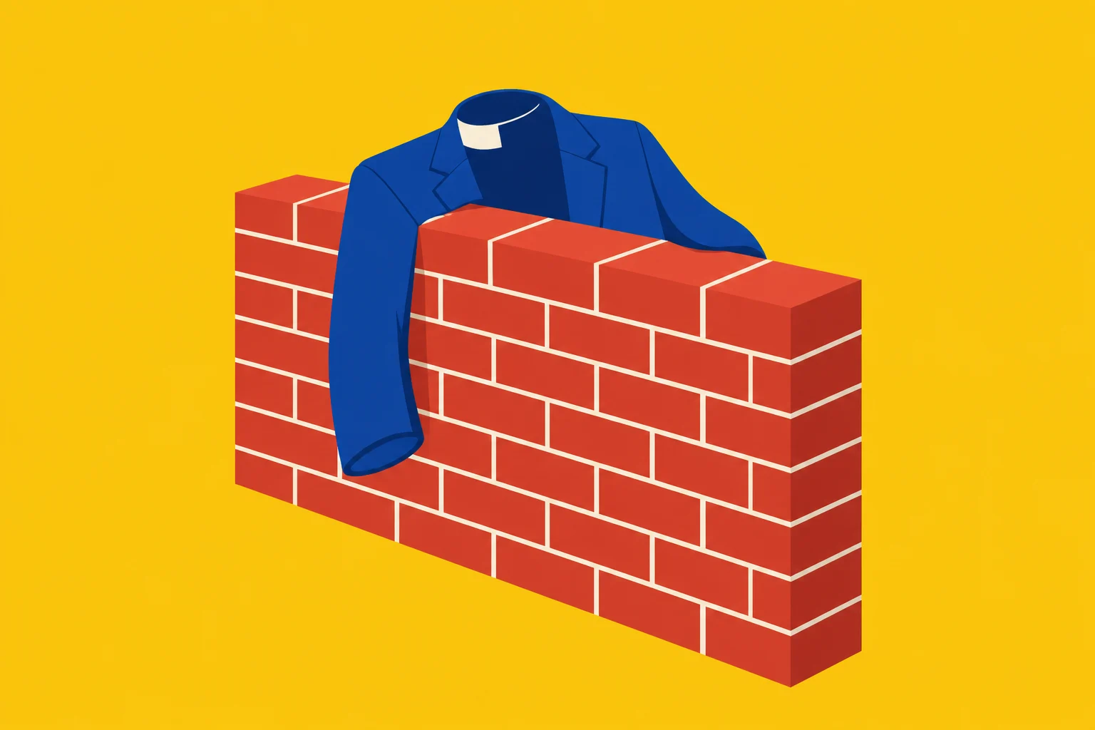 A blue clerical jacket with a white collar drapes over a red brick wall against a yellow background.