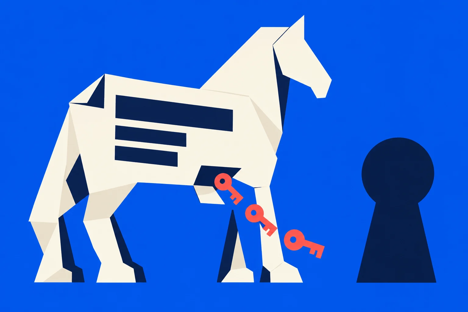 A cream origami horse with dark blue markings carries three orange keys beside a large dark blue keyhole on a bright blue background.
