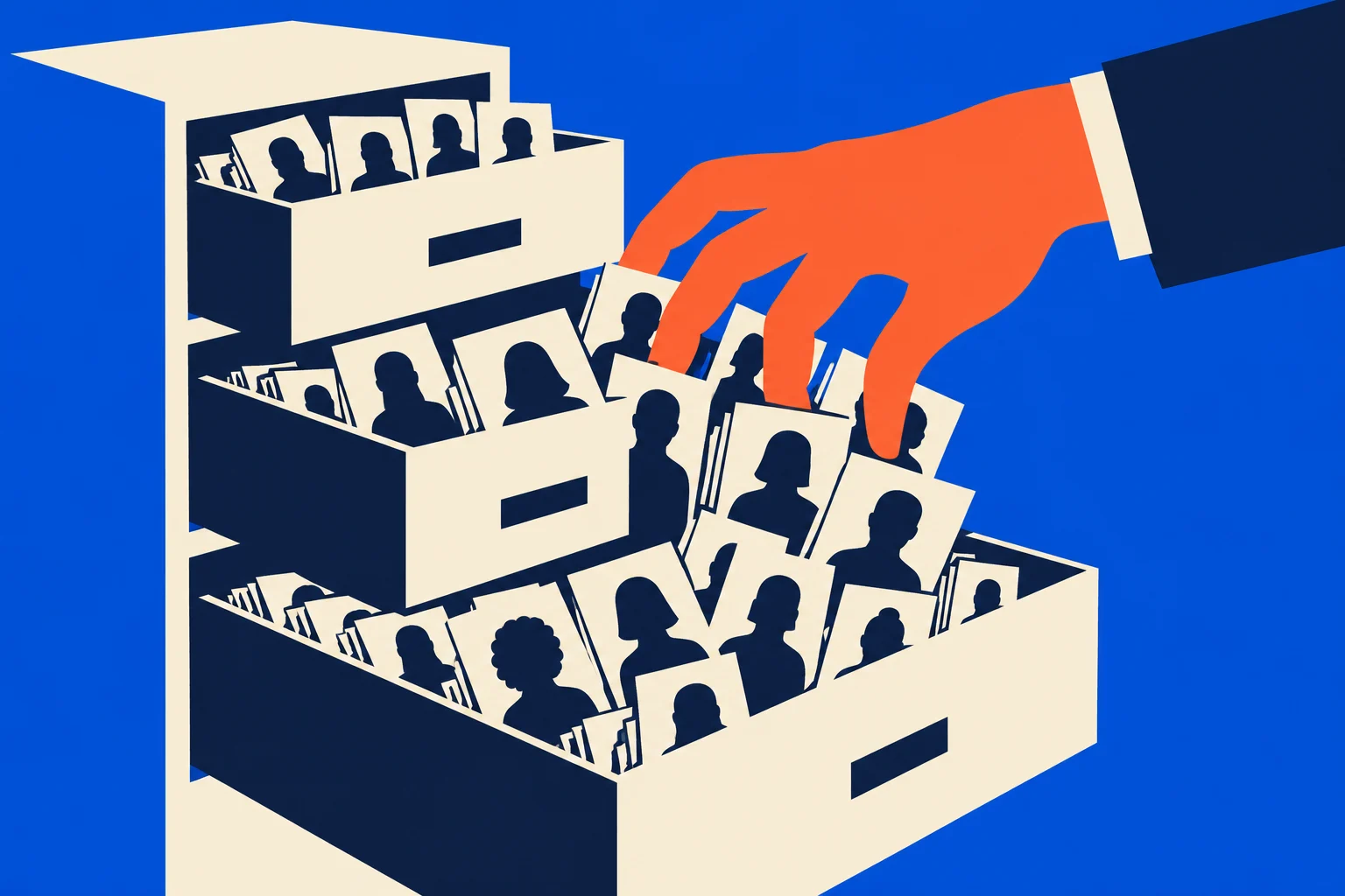 An orange hand selects portrait cards from open drawers of a cream filing cabinet against a blue background.