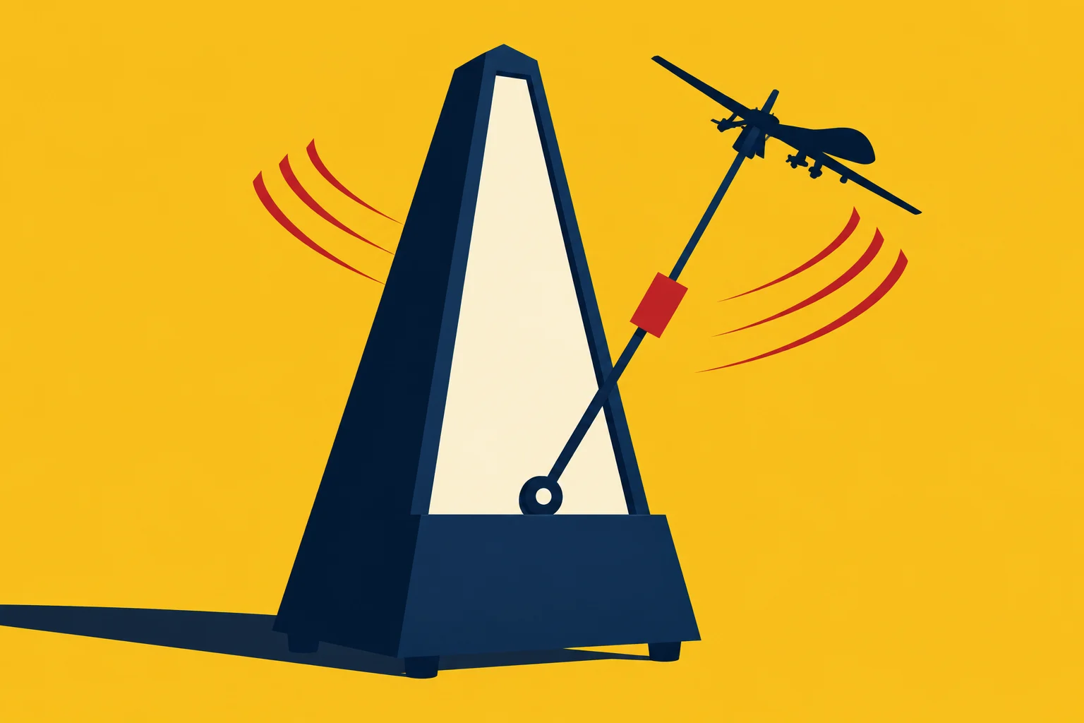 A stylized metronome with a drone perched on its swinging arm stands against a yellow background, surrounded by red motion lines.