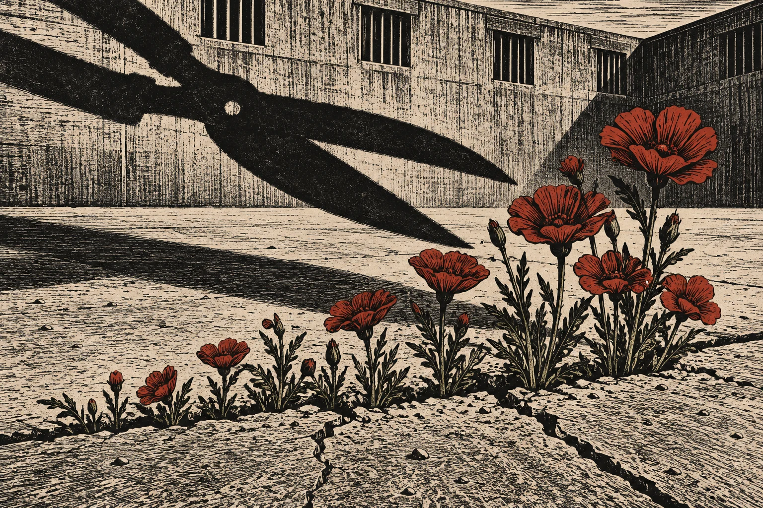Red poppies grow through cracked concrete in a prison courtyard beneath barred windows and a looming shadow of scissors.