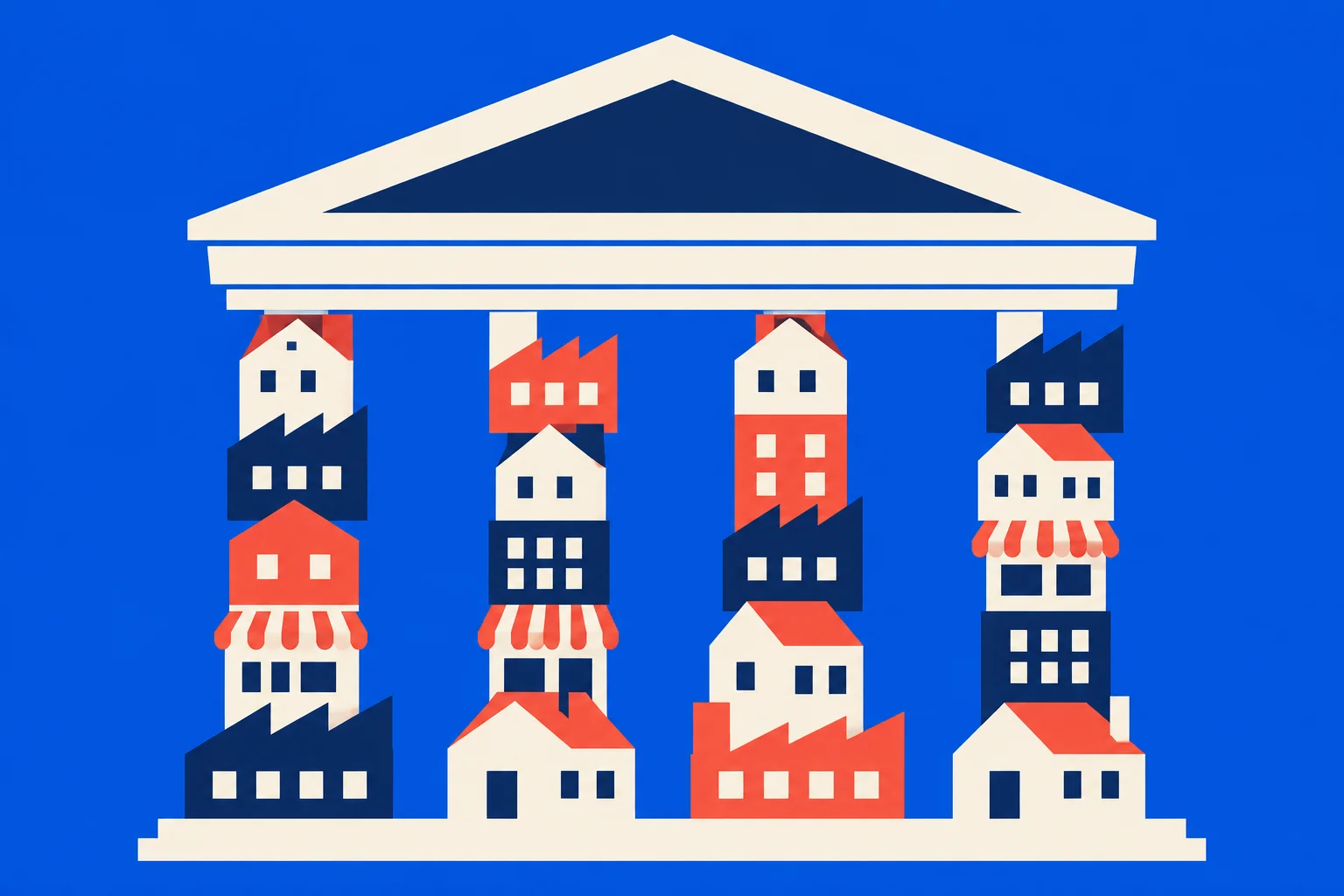 A cream classical roof rests above four columns formed from stacked houses, shops, and factories in red, cream, and navy against a bright blue background.