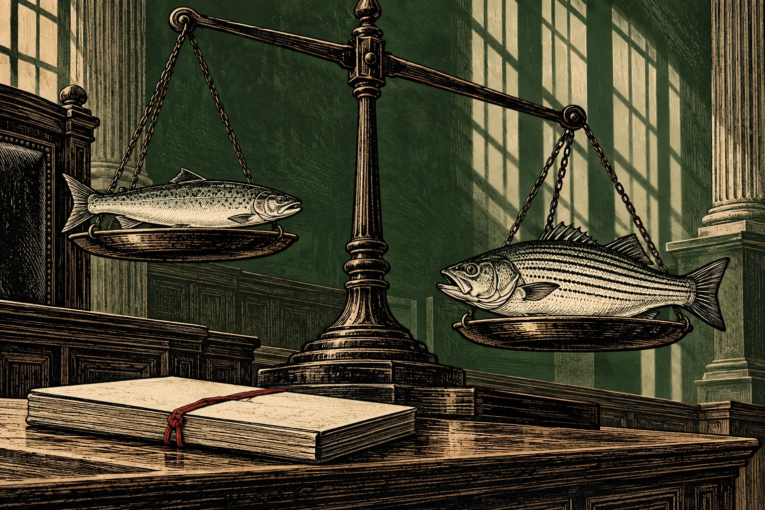 An antique balance scale holds two fish in a woodcut-style courtroom, with the larger striped fish weighing lower and a bound book on the desk.