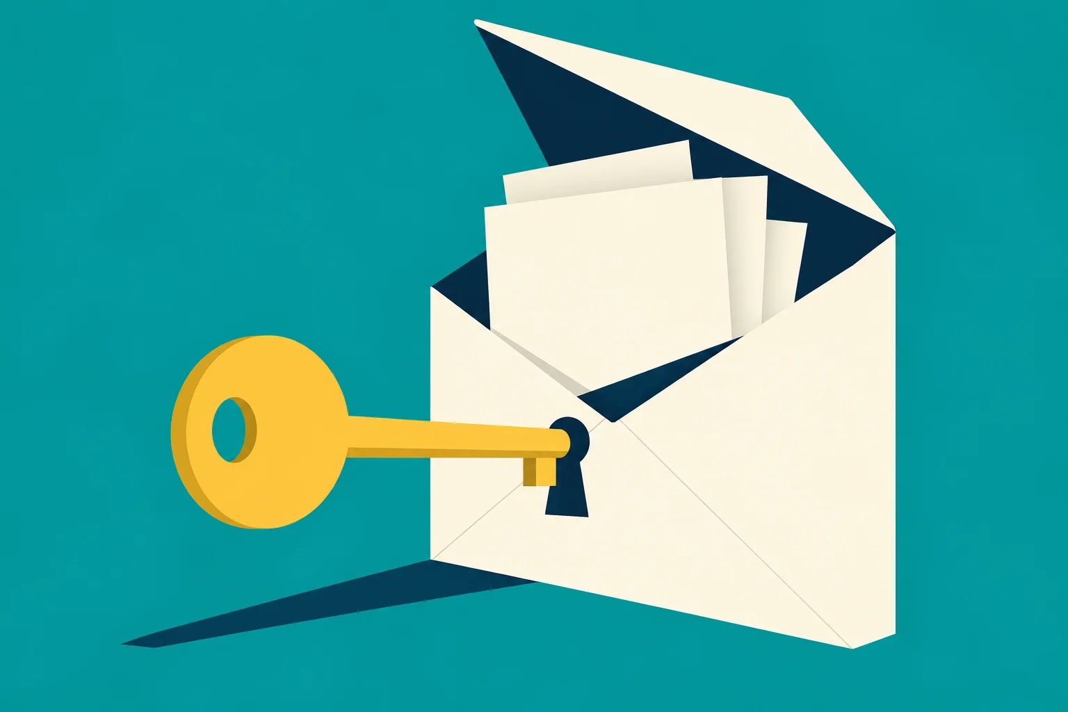 A gold key enters a keyhole on an open cream envelope containing blank papers against a teal background.