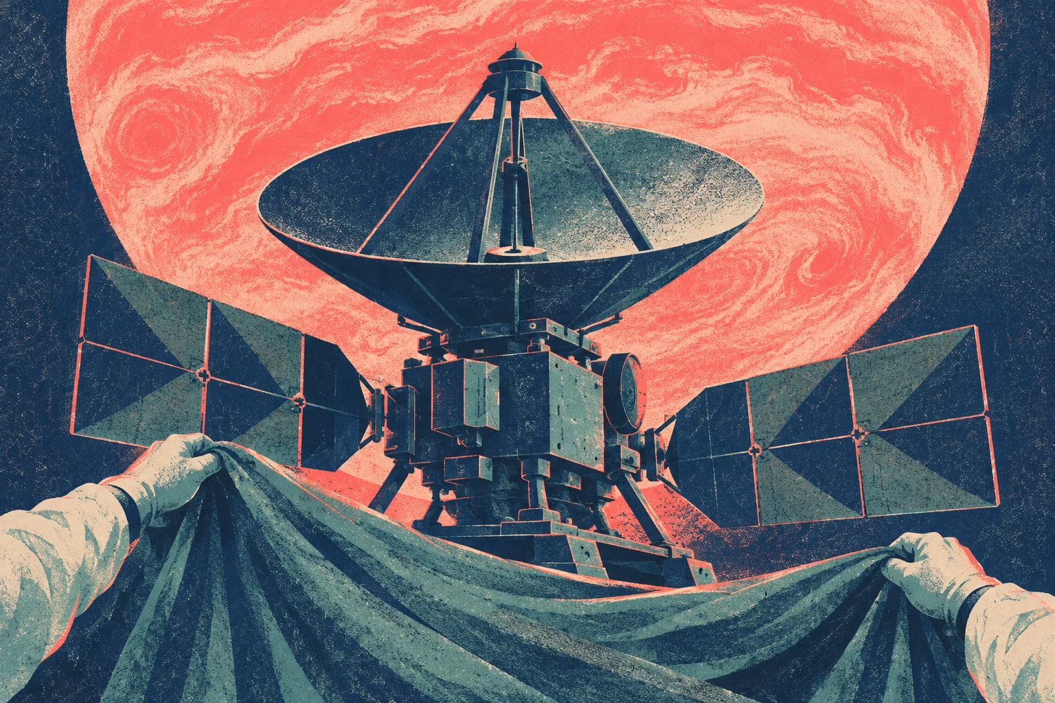 Gloved hands pull back a cloth to reveal a space probe with a large dish and solar panels against a swirling coral planet.