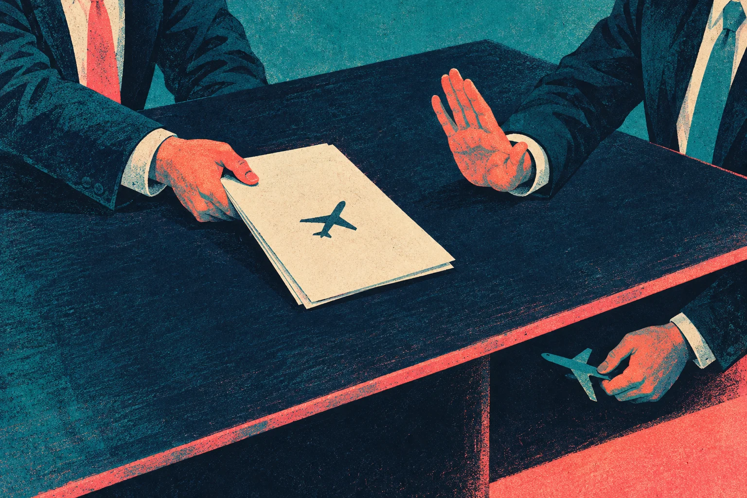 Two suited figures sit at a table; one offers a folder marked with an airplane, while the other raises a palm and conceals a toy airplane.