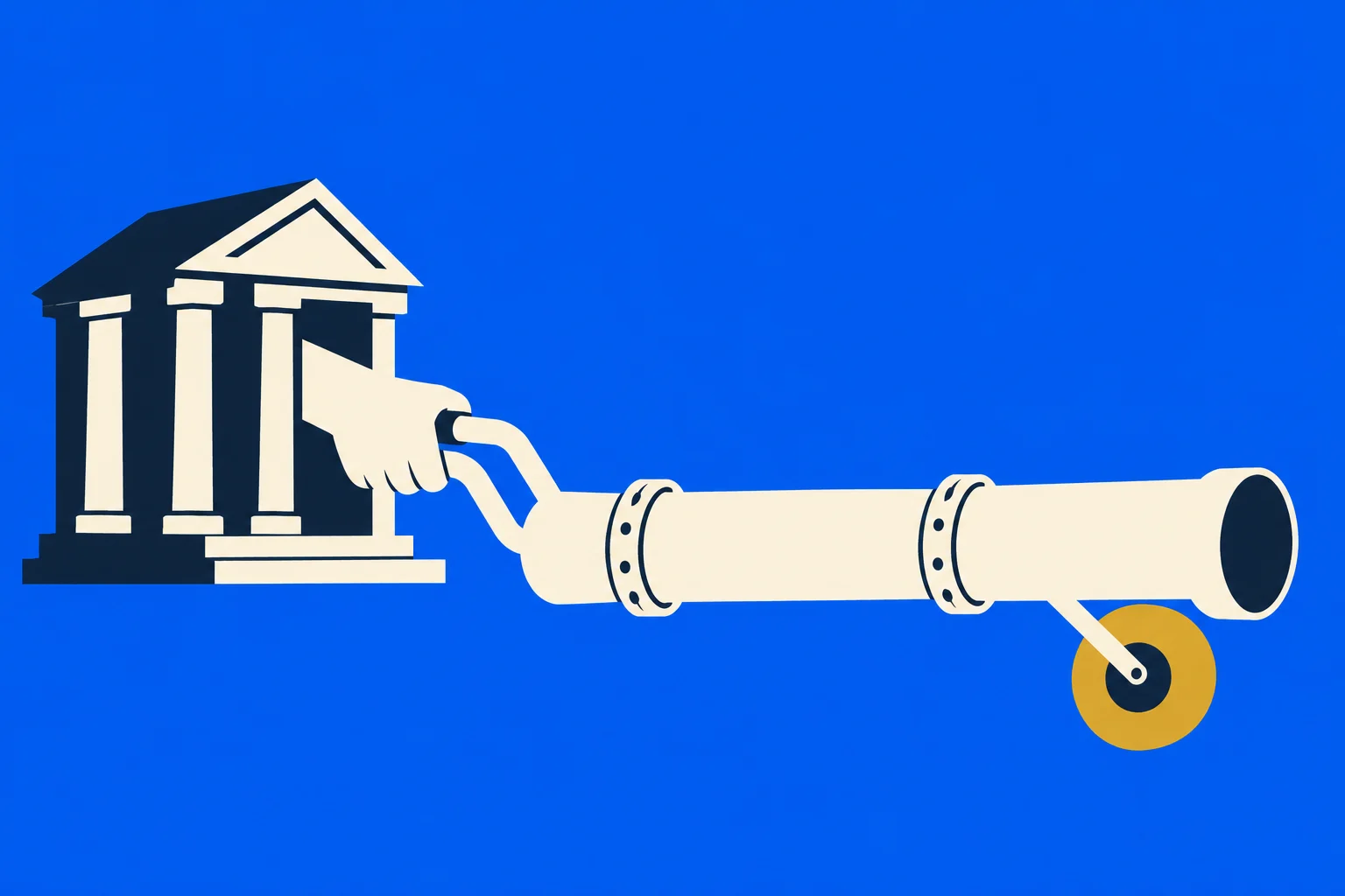 A stylized classical building extends a hand gripping a large cream cannon with a yellow wheel against a bright blue background.