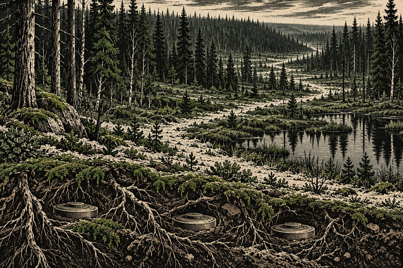 A vintage-style forest landscape shows a winding stream, a pond, and exposed underground roots surrounding three buried circular metal objects.