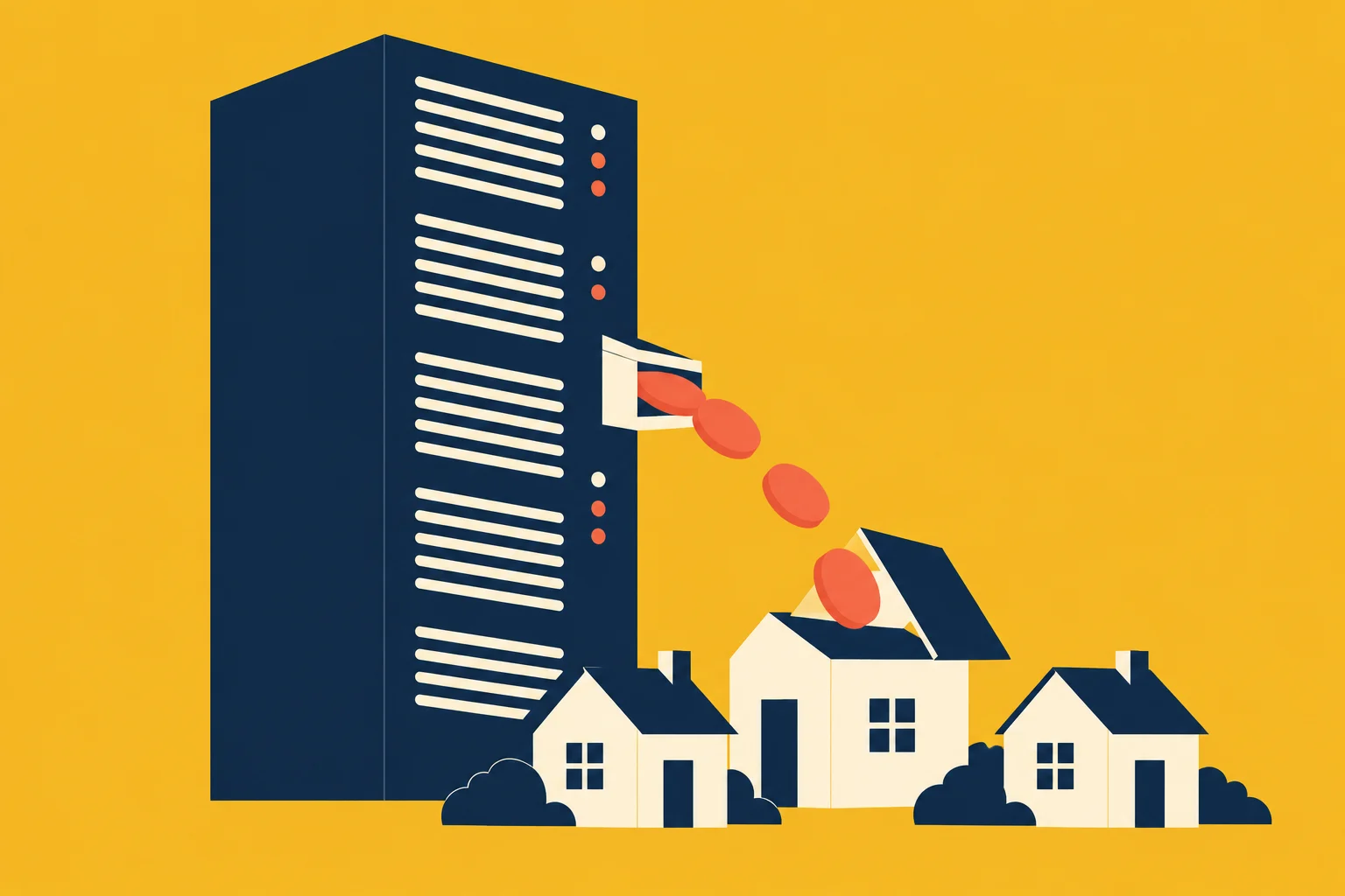 A tall navy server tower sends orange coins toward three cream houses, including one with an open roof, against a yellow background.