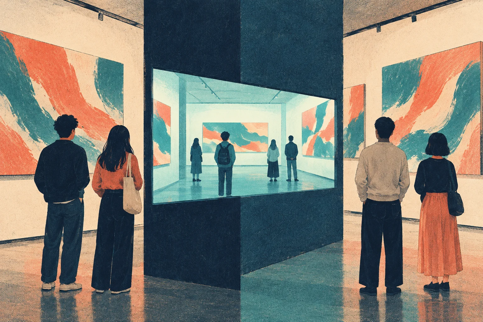 Visitors view large abstract coral and teal paintings in a gallery, with a central dark partition framing another room and more visitors.