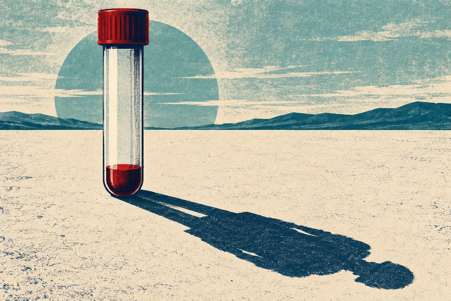A red-capped test tube containing red liquid stands in a textured desert landscape, casting a long shadow shaped like a person.