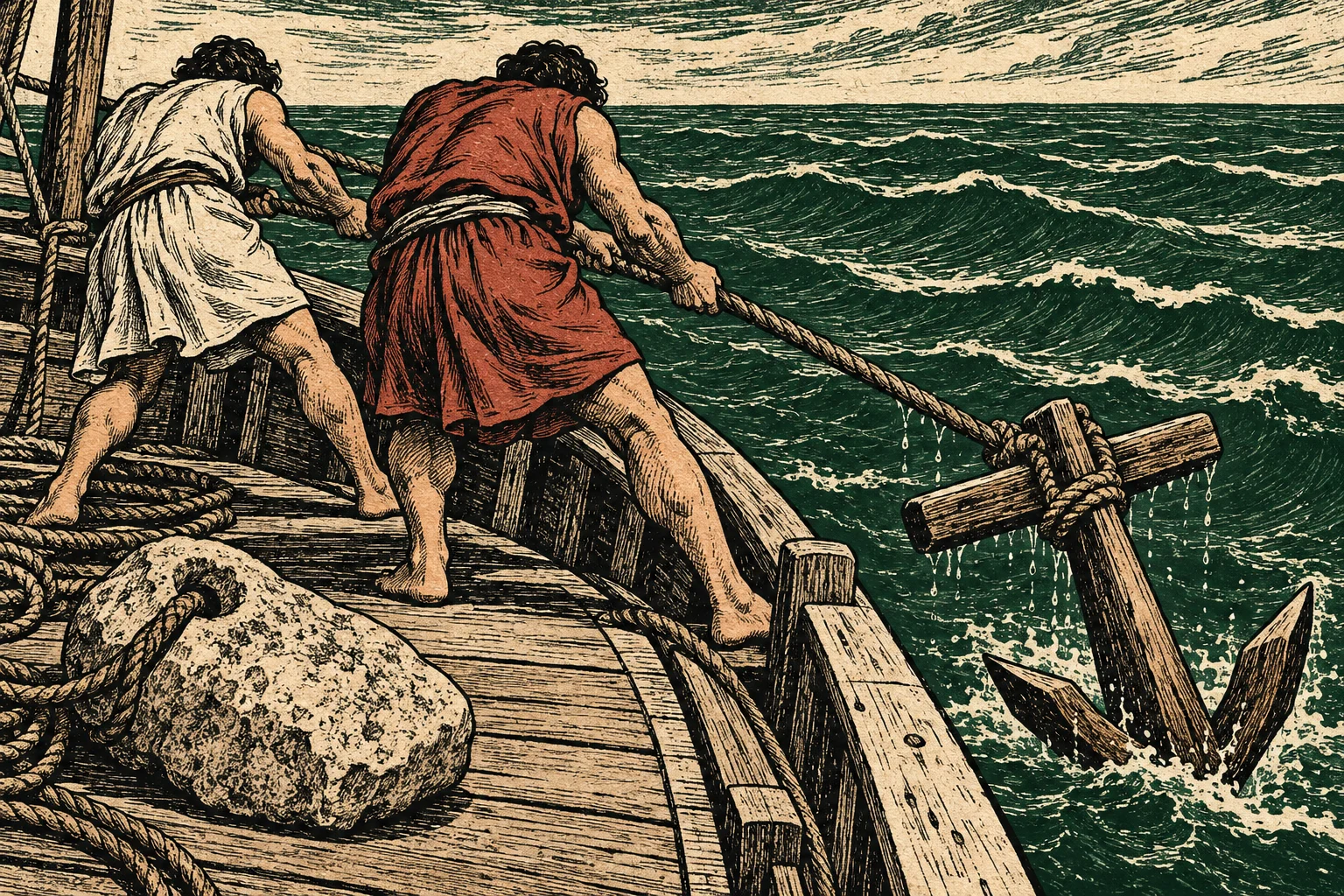 Two men aboard a wooden ship haul a rope attached to a large wooden anchor rising from rough seas, with a stone weight on deck.